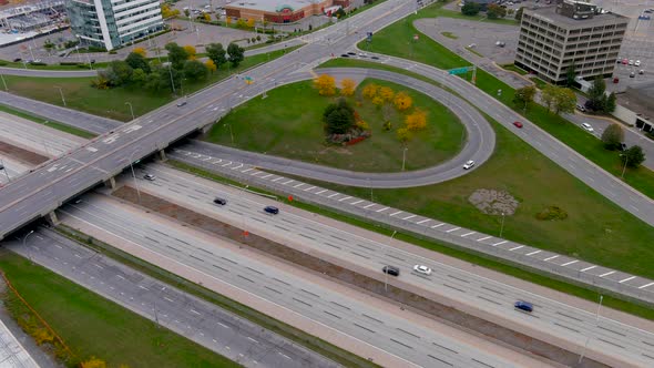 4K camera drone view of the intersection of St Jean Boulevard and Highway 40 in Montreal.