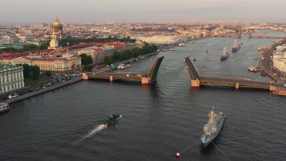 Aerial Landscape with Warships in the Neva River Before the Holiday of the Russian Navy at Early alt