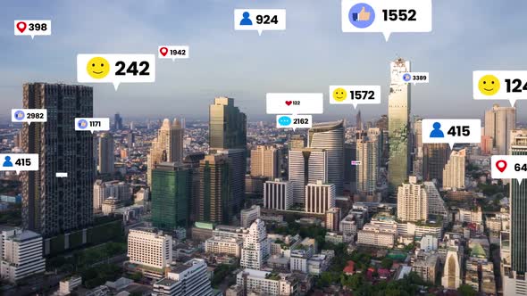 Social Media Icons Fly Over City Downtown Showing People Engagement Connection alt