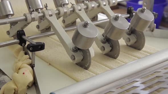 Thin Strips Cutting on Conveyor Belt in Bakeryshop Indoors alt