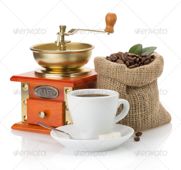 cup of coffee and beans on white - Stock Photo - Images