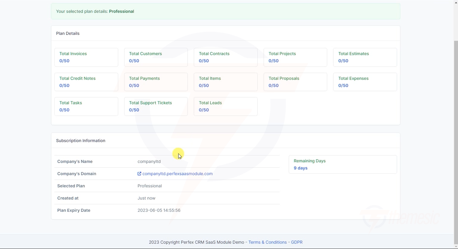 Tenant dashboard showing usage limits