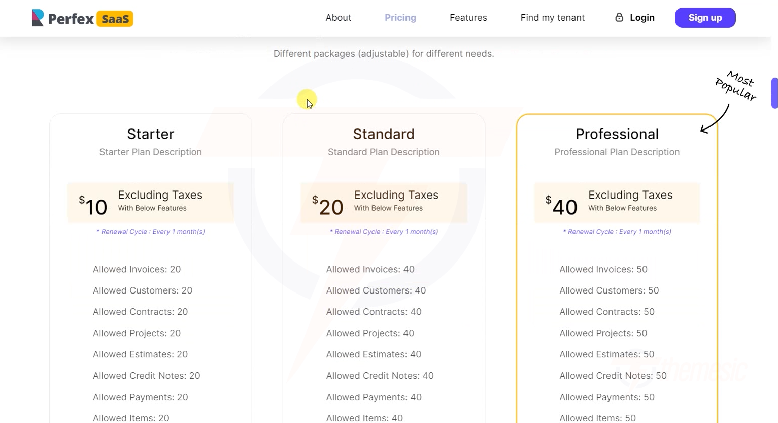 Pricing page with plans