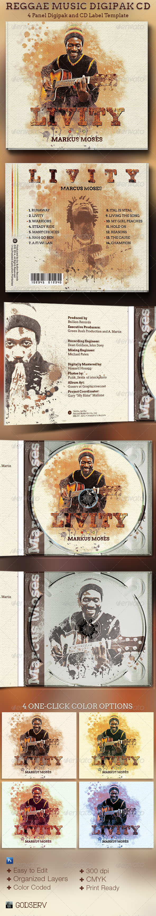 Reggae Music 4 Panel Digipak CD Artwork Template - CD & DVD Artwork Print Templates
