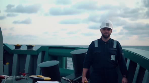 Marine Deck Officer or Chief Mate on Deck of Offshore Vessel or Ship alt