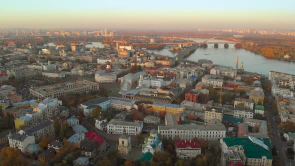 Aerial View of the Old City at Sunset Time, Kiev