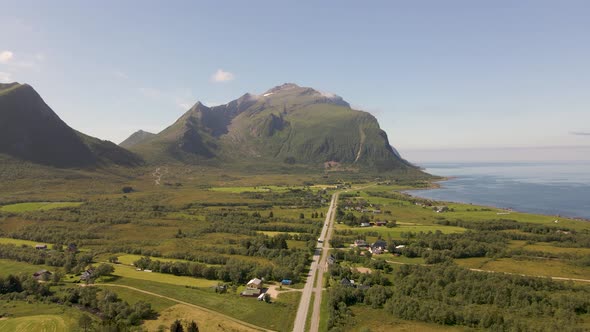 Coastal Highway From The Village Of Storvik To Mevik In Gildeskal, Nordland County, Norway. aerial alt