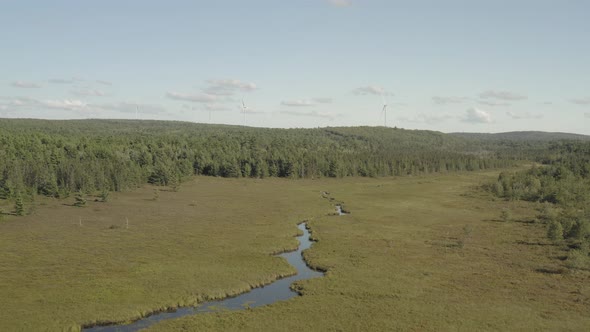 Wide establishing aerial view over Union River, Whales back Eastern Maine alt