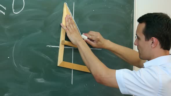 Young Teacher or Student Draw Line Chart on a Blackboard with Formula alt