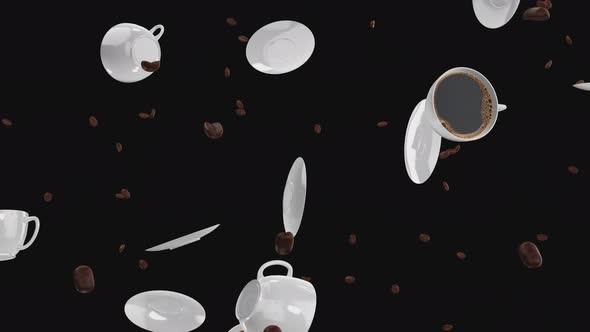 Falling cups, saucers and grains of coffee on a transparent background.