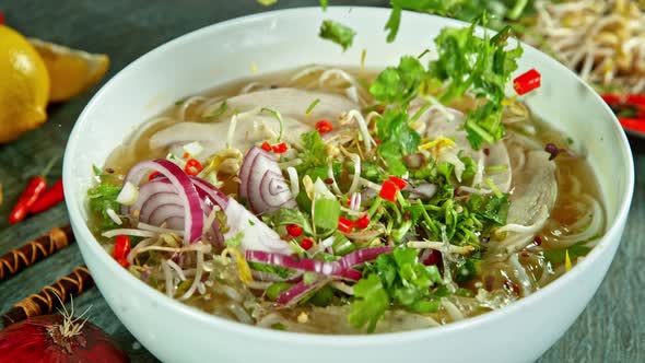 Super Slow Motion Detail Shot of Ingredients Falling Into Chicken Pho Soup at 1000 Fps alt
