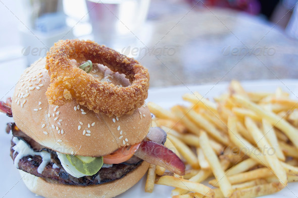 Hamburger with Onion Ring and French Fries