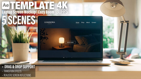 Laptop Screen Mockup in Cozy Room - Website or Application Promo - 5 Scenes AE Template Elements template preview