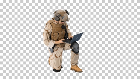 Soldier using laptop and Radio For Communication, Alpha Channel alt