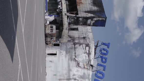 Vertical Video of a Destroyed Shopping Mall During the War in Bucha Ukraine alt