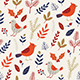 Pattern with Red Cardinal Bird and Evergreen Plants. 