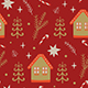 Pattern with Houses and Fir Tree on a Red Background. 
