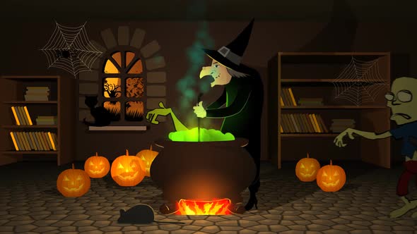 Ugly witch dressed black in the black hat is preparing a potion in a cauldron.