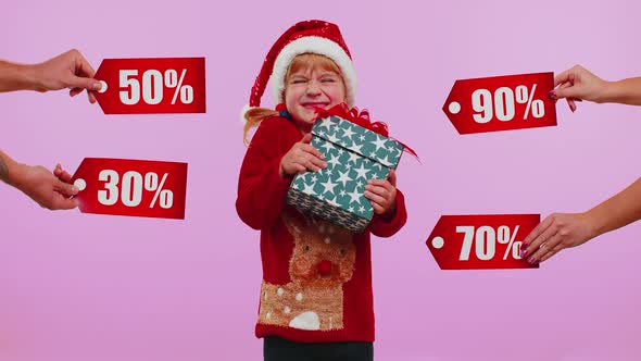 Toddler Little Girl Kid Holding Gift Boxes and Receive Christmas Discounts Inscriptions Banner Texts alt