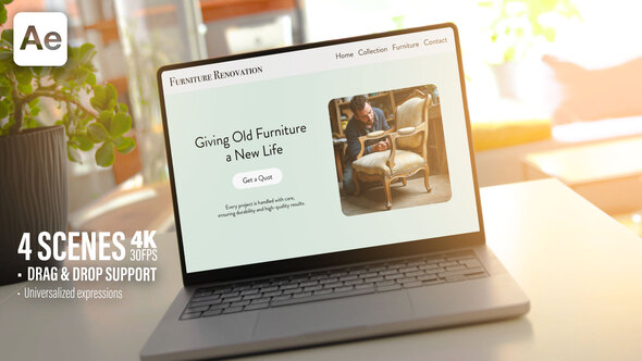 Laptop Screen Mockup In Cozy Sunny Room - 30Sec Promo - 4 Scenes Ae Template Product Promo template preview