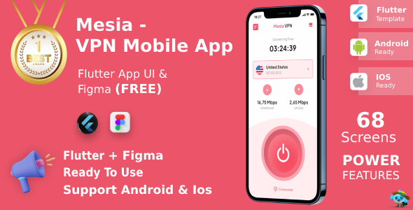 VPN Mobile App | UI Kit | Flutter | Figma FREE | Life Time Update | Mesia VPN
