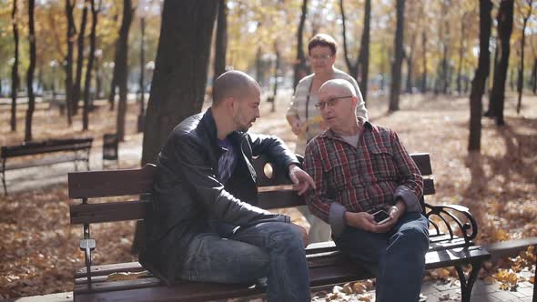 Older Parents Communicate with Adult Son on a Park Bench