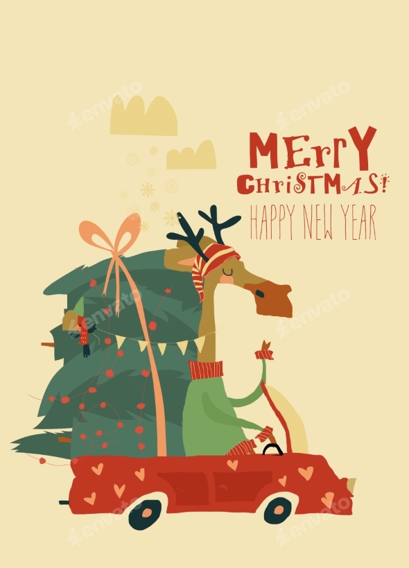 Cute Elk Driving Car with Stack of Christmas Trees