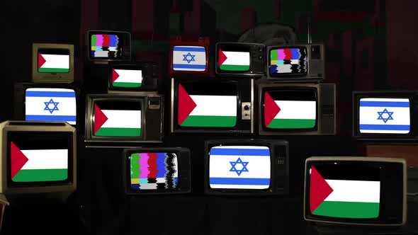 Flags of Palestine and Israel on Retro Televisions.