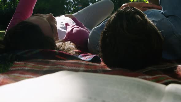 Romantic couple holding hands while relaxing in park alt