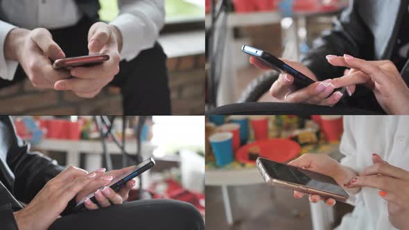 Collage of people hands using mobile phone alt