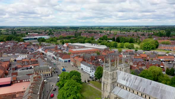 Aerial footage of the historical Selby Abbey in the town of Selby in York North Yorkshire in the UK  alt
