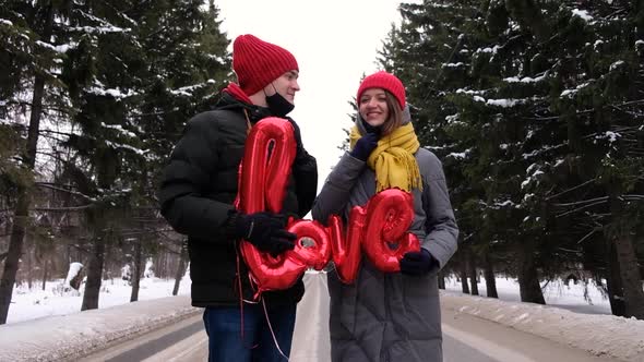 Couple Kiss in Protective Masks Coronavirus Pandemic