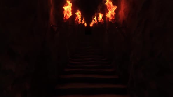 Underground Tunnel Of The Catacombs With Torches, Entrance To The Egyptian Pyramids