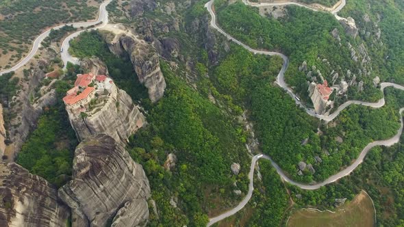 Aerial view of Kalabaka and Rousanou monasteries in Meteora complex, Greece alt