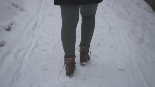 Slow Motion Shot Of A Woman Walking Alone On A Snowy Street alt