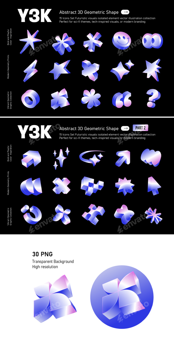 Abstract 3D Y3K Geometric Shape Icons Set