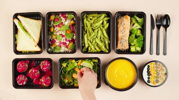 Food Delivery Top View Take Away Meals in Disposable Containers alt
