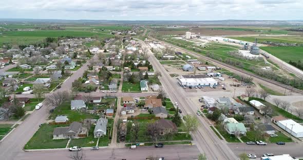 The historic town of Wheatland Wyoming in 2021 springtime green grass ...