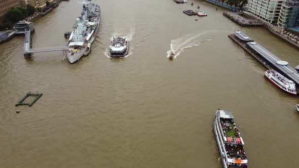 Static Drone View of Passenger Boats on the River Thames London