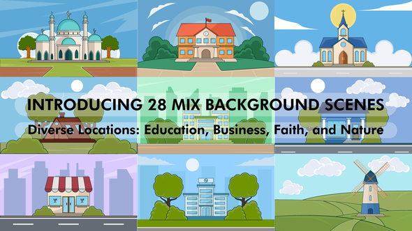set of building background scenes vector illustration cartoon animation video Video Displays template preview