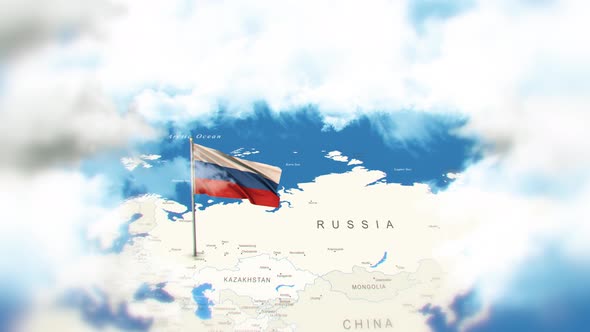 Russia Map And Flag With Clouds