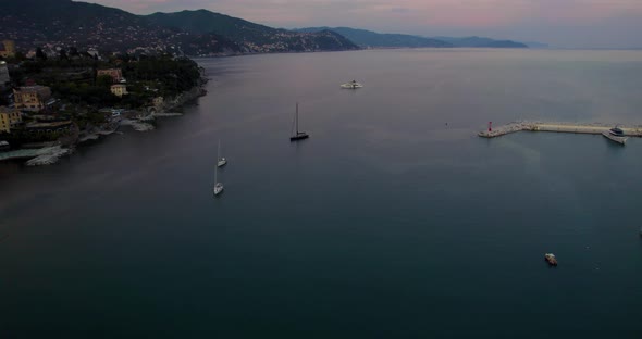 Yachts at Sunset in the Exotic Lagoon of Portofino, Italy - Aerial alt