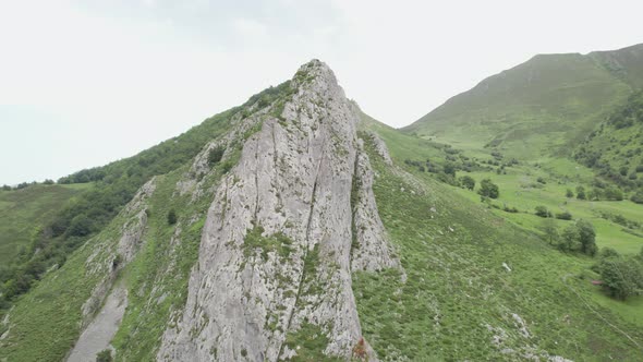 Green mountainous and rocky valley in Asturias, Spain. Aerial view. Foces del pino alt