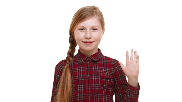 Cute Beautiful Elementaryschool Aged Girl with Plait of Hair Standing on White Background Waving alt