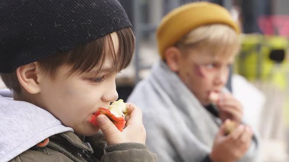 Homeless Boys Sit Eating Food on the Bench Little Caucasian Children Street Kids Are Hungry