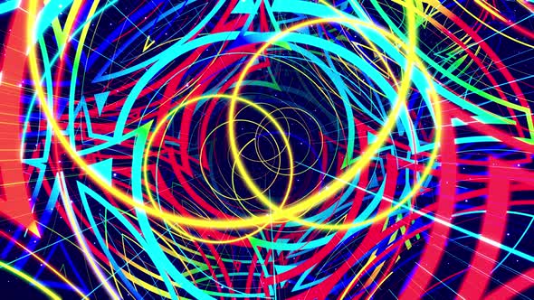 Modern Motion Design Vj Loop Bg Flying Through the Art Space From Glowing Circles Lines with Neon alt