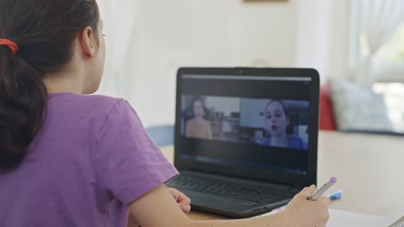 Little girl attending an online lesson during the COVID-19 lockdown