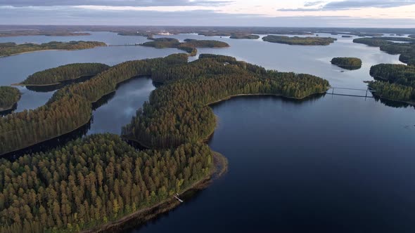 Lakeland Finland in Its Beauty in the Evening, Flying Above Blue Lake Water and Islands Covered