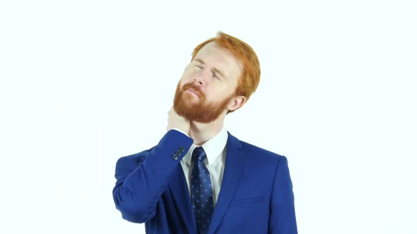 Tired Red Hair Beard Businessman, White Background, Neck Pain alt