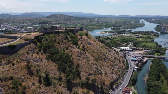 Tilting Aerial Footage of Remains of Fort Castle and Defense Walls in Shkoder a Small City in